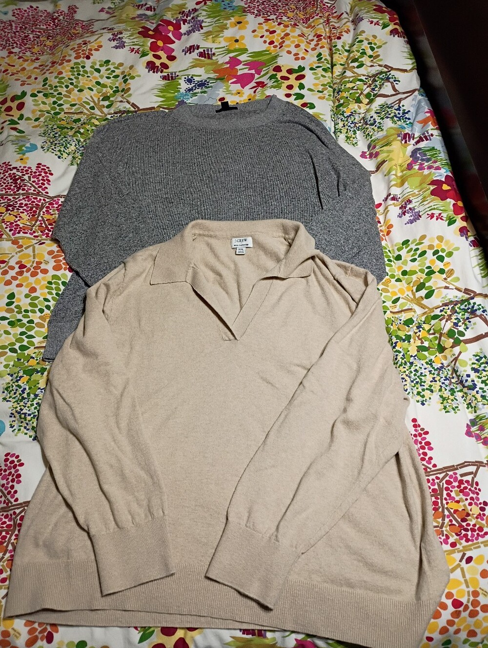 2  J Crew Sweaters Beige Open-Collar Sweater & Gray Crewneck Pullover Size XXL